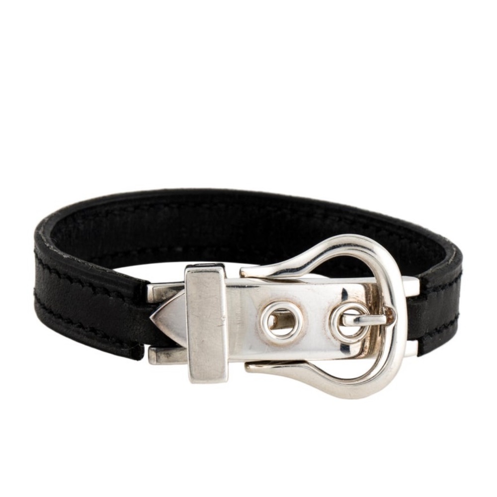Hermès Black Leather Bracelet with Silver Clasp
